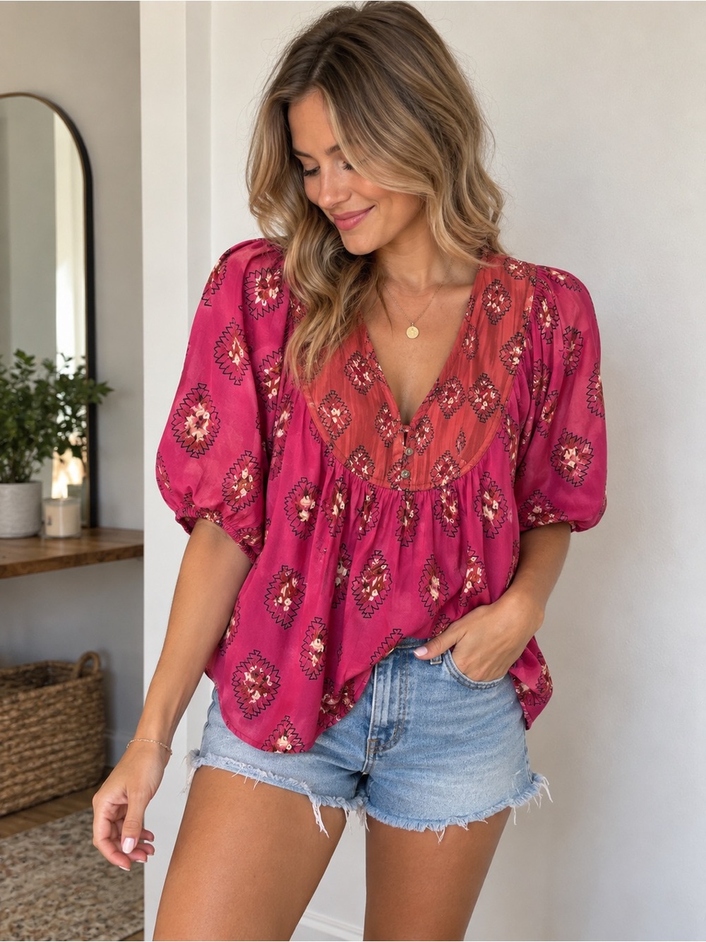 Anthropologie Fuchsia Floral Puff Sleeve Blouse